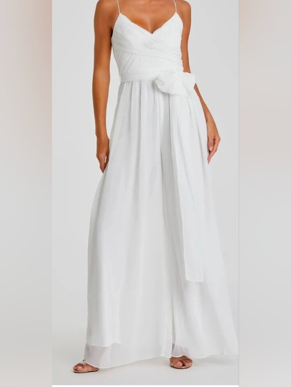 New Leena Mac Duggal White Wide-Leg Flowy Jumpsuit with Waist Tie Sz Small Bride